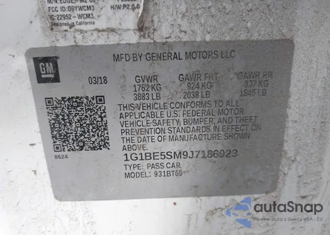 2018 Chevrolet Cruze Lt Auto from USA, damaged, VIN 1G1BE5SM9J7186923